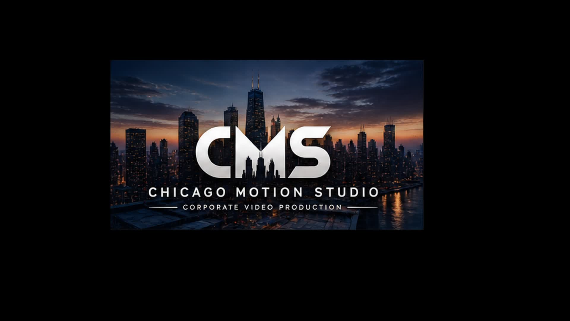 Chicago Motion Studio logo over the Chicago skyline at sunset